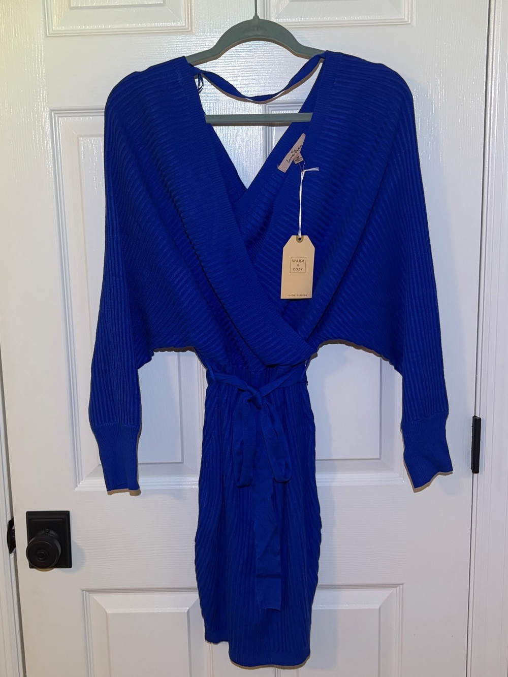 NWT Cobalt Blue Ribbed Faux Wrap Sweater Dress with Waist Tie Belt.  Medium